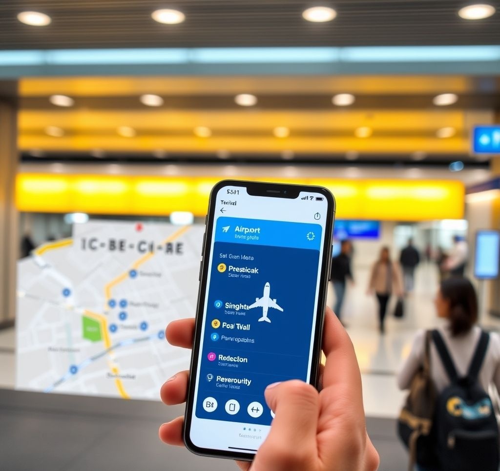 Smartphone displaying an airport navigation app with gate directions and amenities
