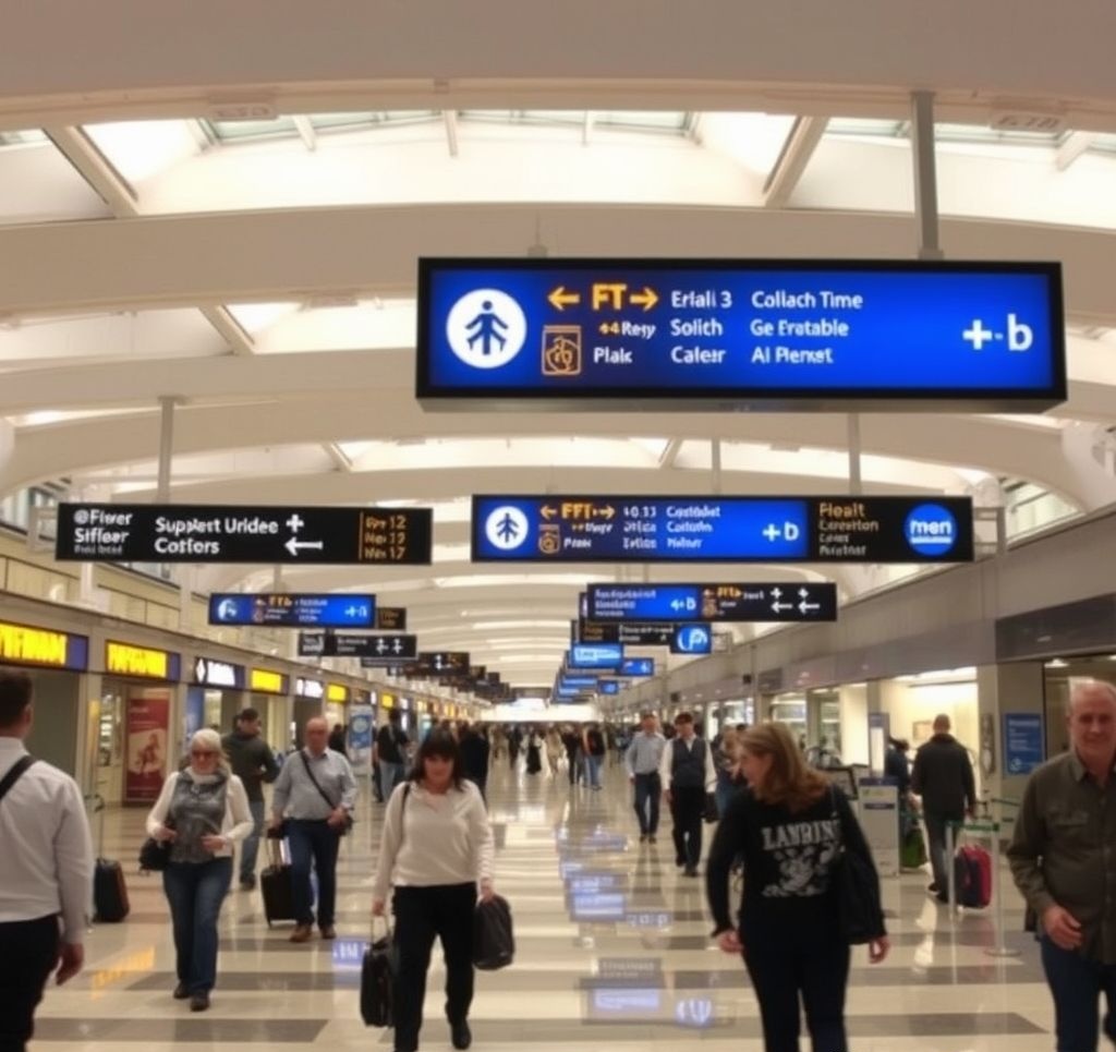 Airport navigation application showing gate directions with time estimates