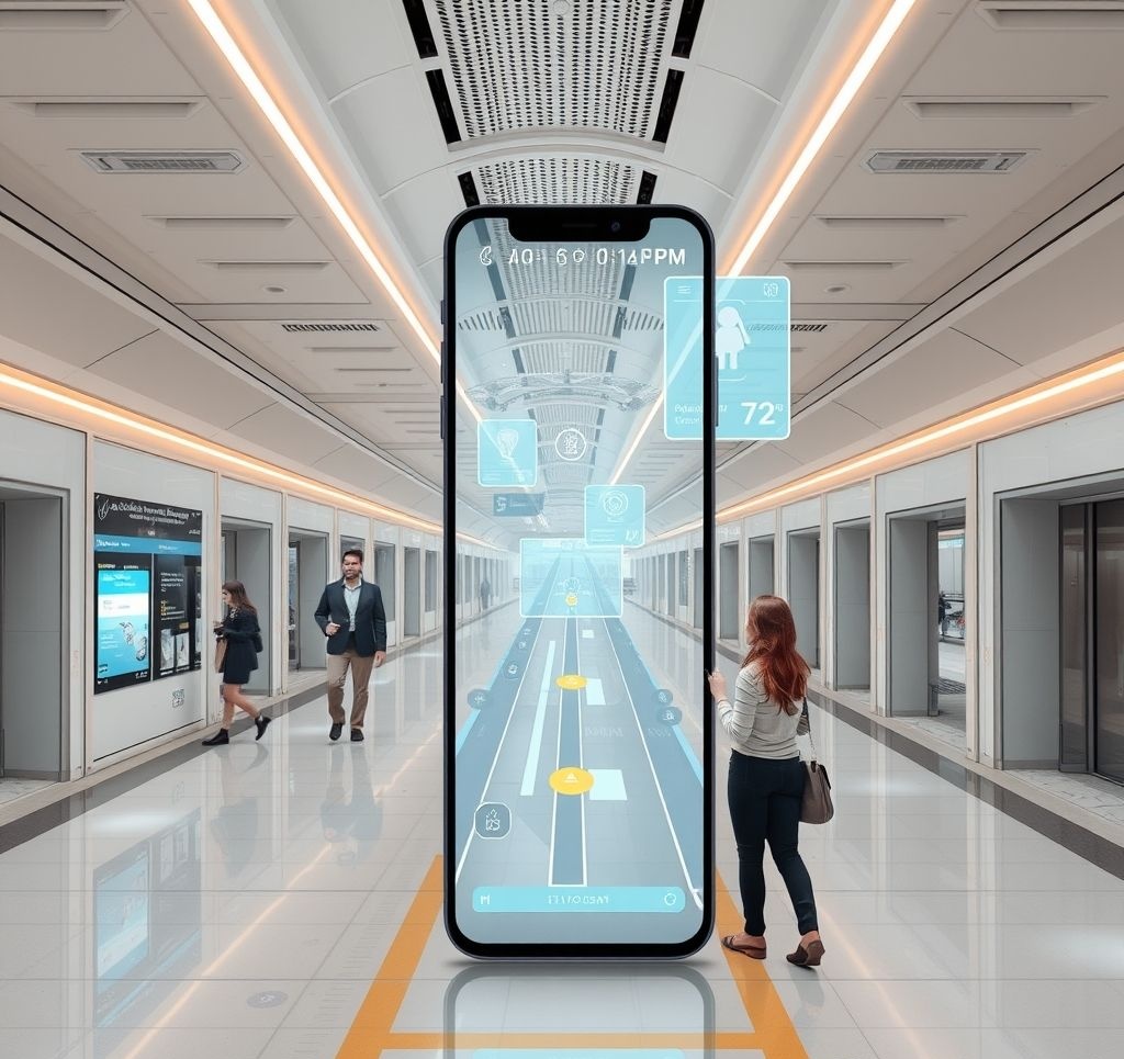 Futuristic AR glasses showing indoor navigation overlay in a smart building environment