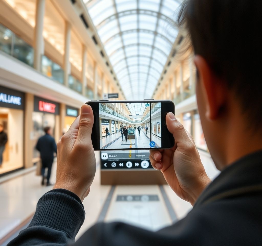 Augmented reality indoor navigation showing directional arrows overlaid on a smartphone camera view