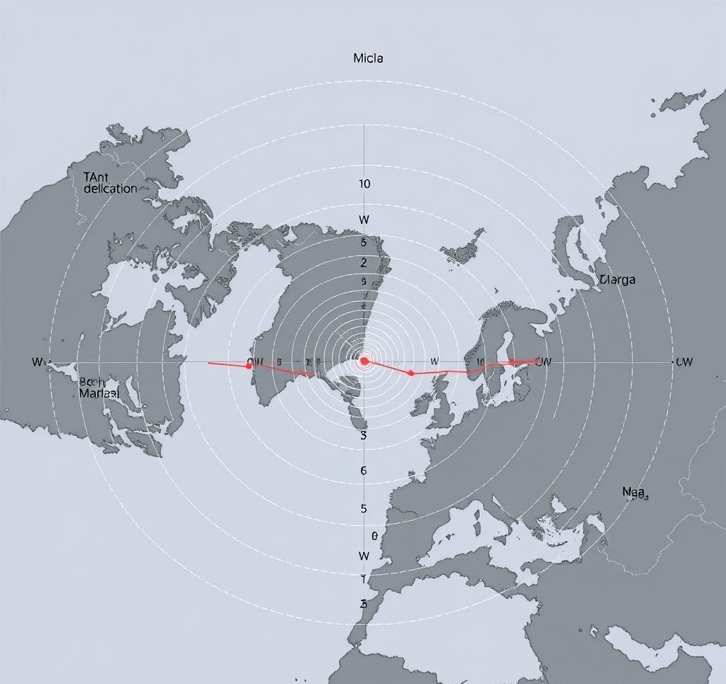 World map showing magnetic declination lines and values across different regions