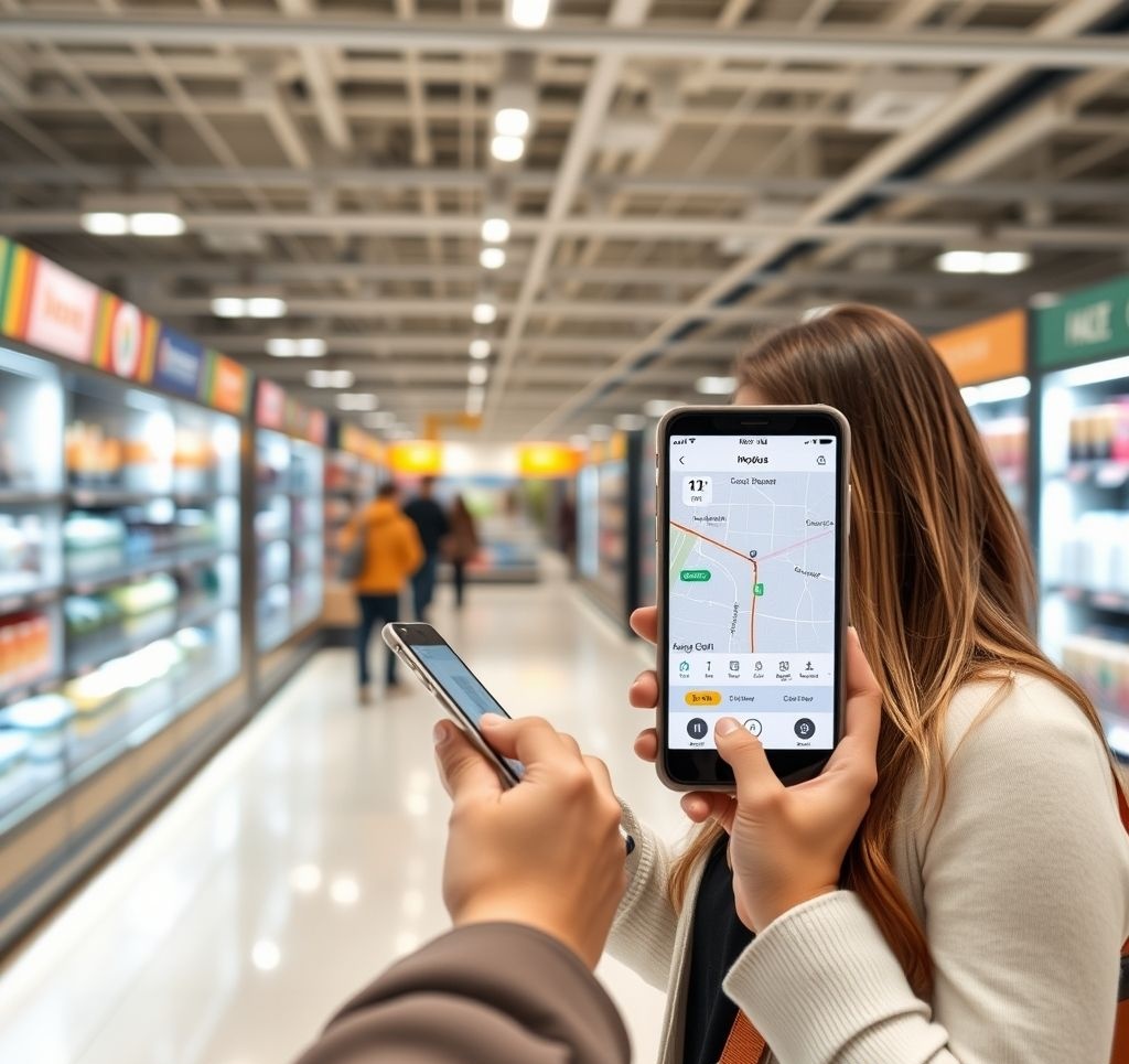 Retail store navigation app showing product location and route